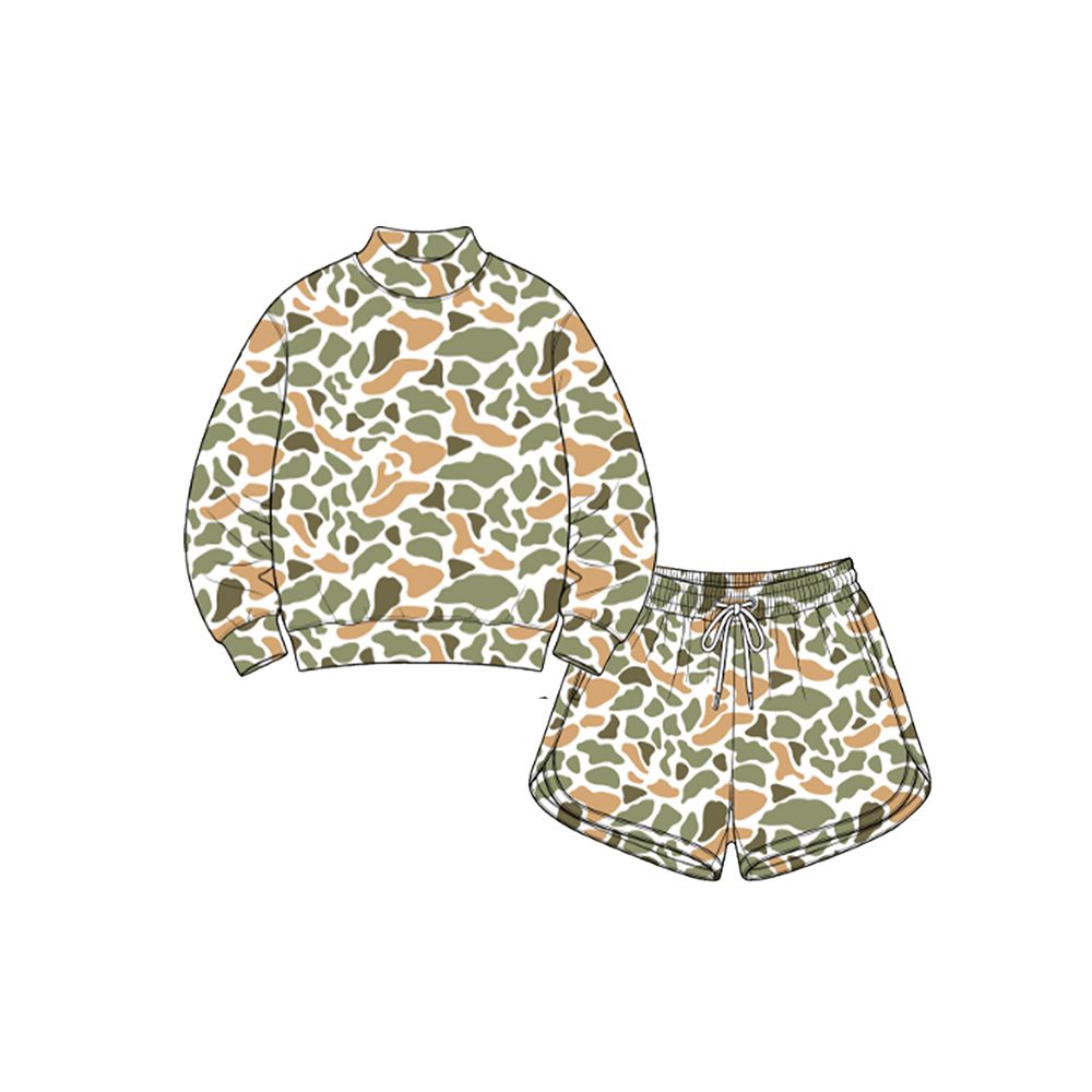 ( Moq 5 ) Preorder Baby Girls Kids Long Sleeves Shirt Camo Pockets Shorts Set Yoga Active Clothes