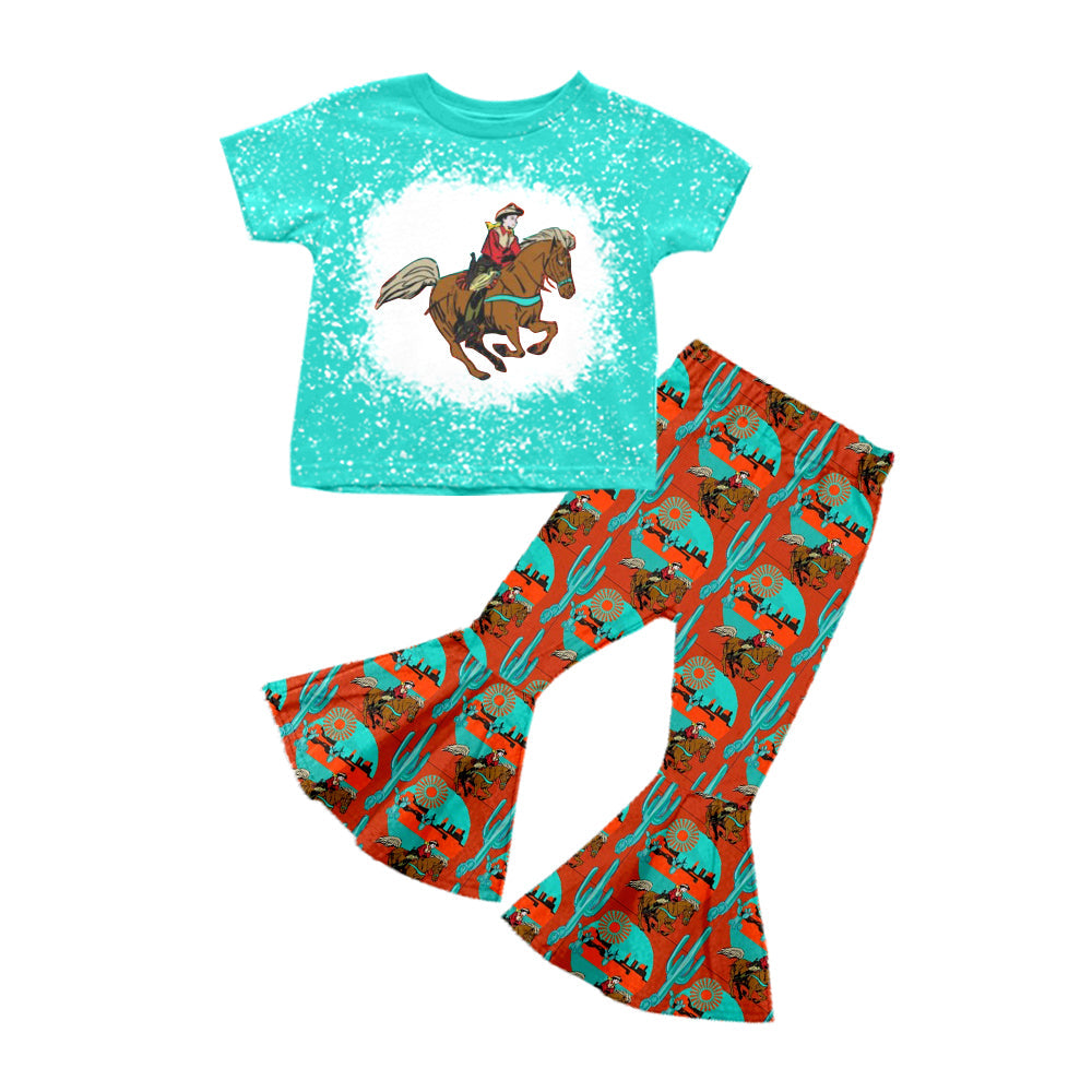 Baby Girl Western Horse Rodeo Cactus Shirt Bell Pants Clothes Set