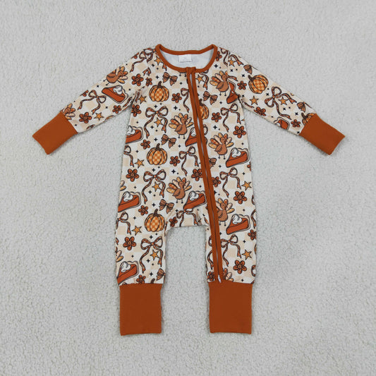 Sibling Baby Girls Kids Pumpkins Bows turkey Zipper Footie Romper Set Thanksgiving Fall Clothes RTS