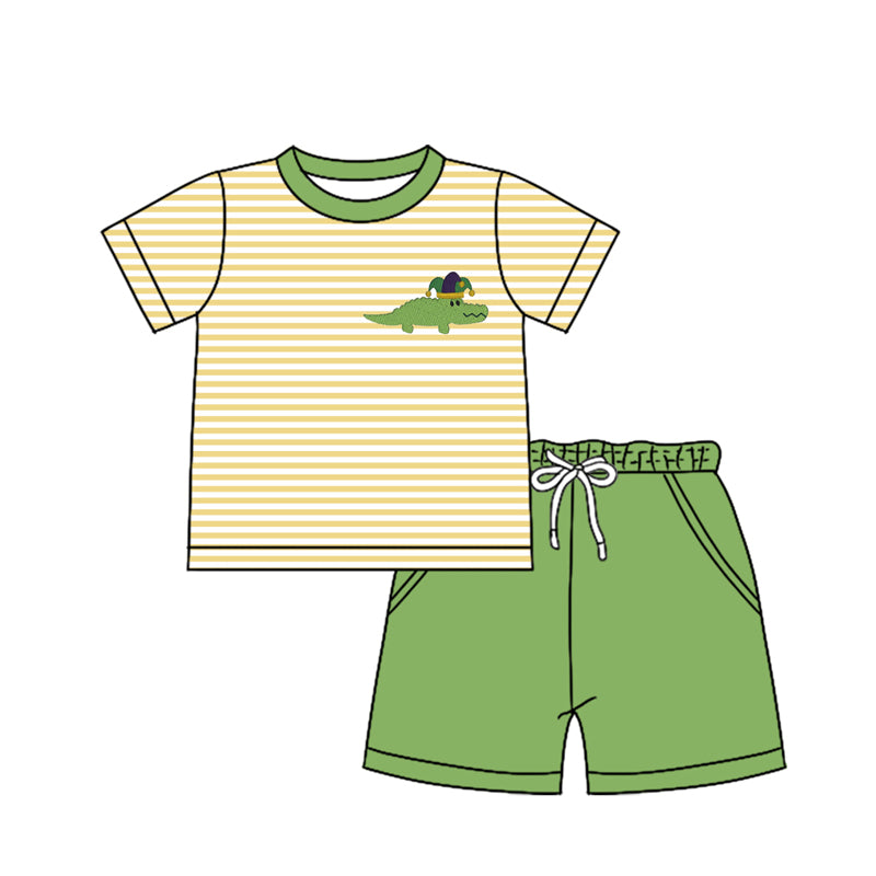 Baby Boy Short Sleeves Mardi Gras Crocodile Stripes Shirt Pockets Green Shorts Clothes Set Moq 5
