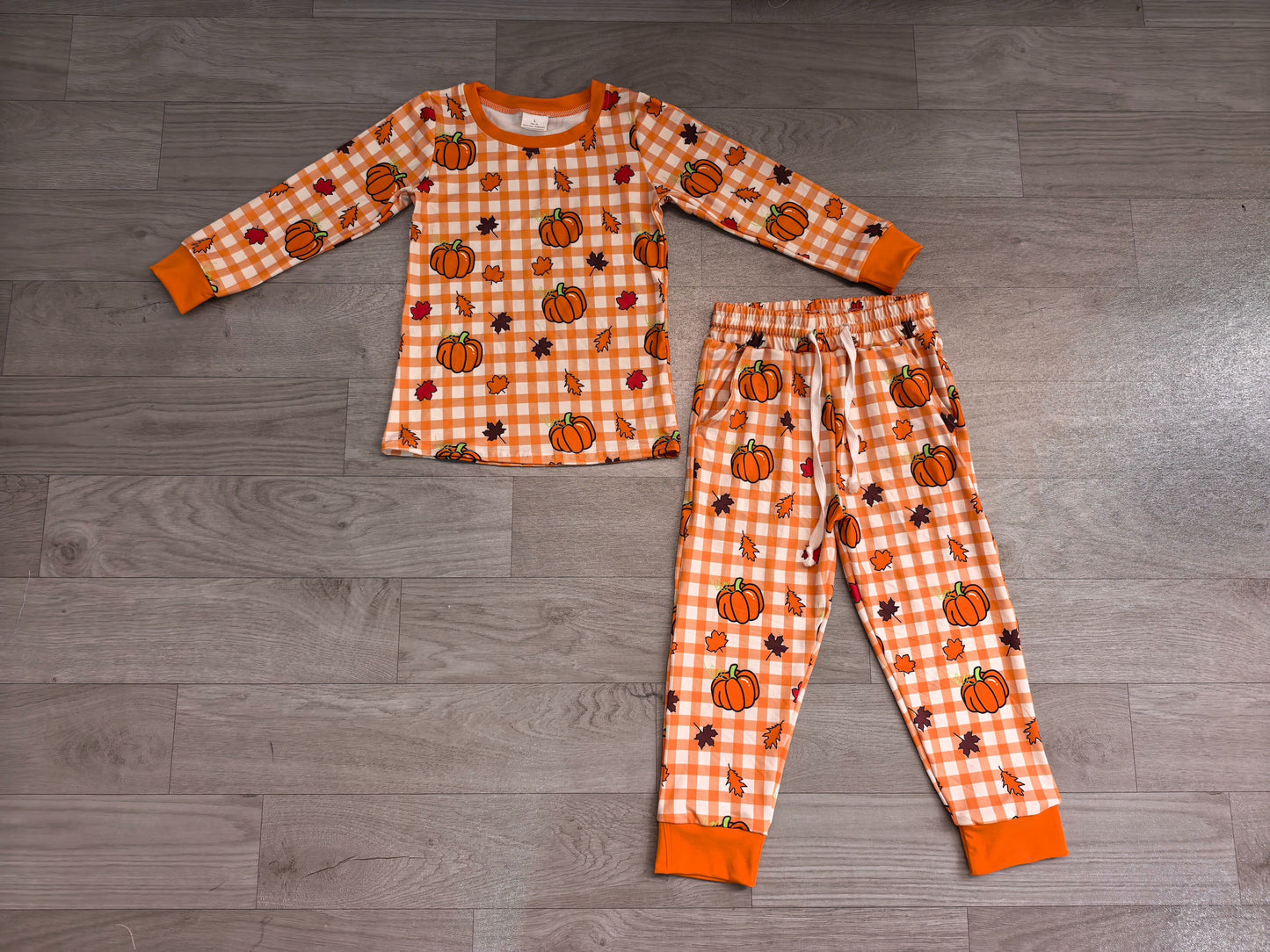 ( No moq ) Preorder Baby Boys Kids Long Sleeves Pumpkins Orange Plaid Shirt Pockets Pants Set Fall Clothes