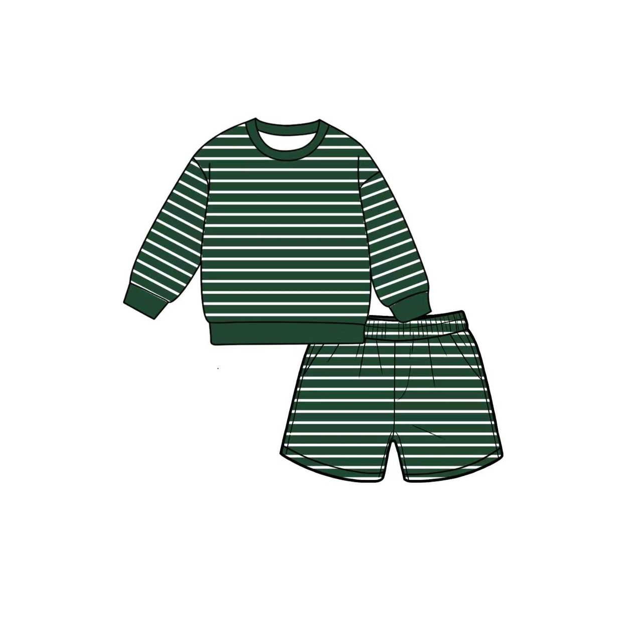( Moq 5 ) Preorder Baby Girls Kids Long Sleeves Green Stripes Shirt Shorts Set Yoga Active Clothes