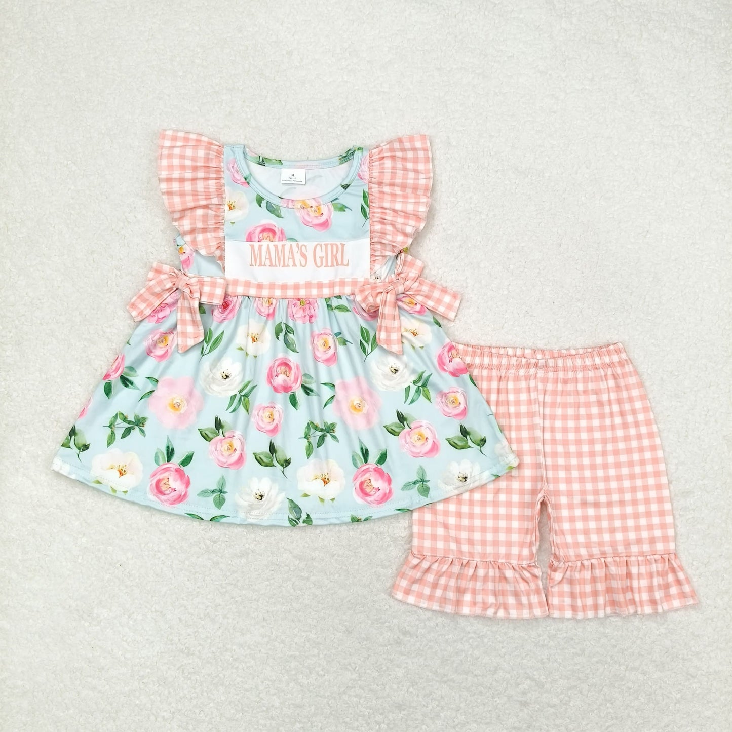 Kids Short Sleeves Mama's Girl Flower Tunic Plaid Shorts Set