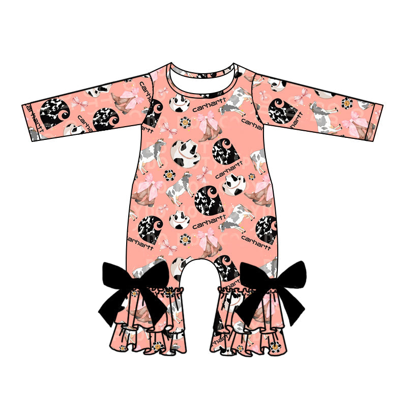 Baby Girl Pink Western Boots Cow Ruffle Romper