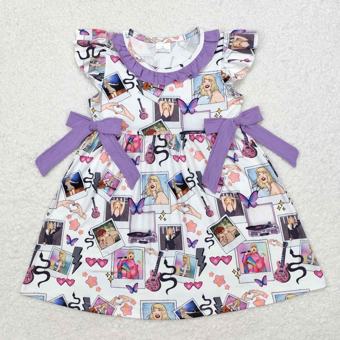 Baby Girl Short Sleeves Singer Hearts Purple Ruffle Dress