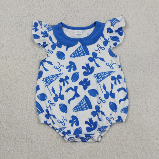 Baby Girl Short Sleeves Cheer Blue Bows Summer Team Bubble Romper RTS
