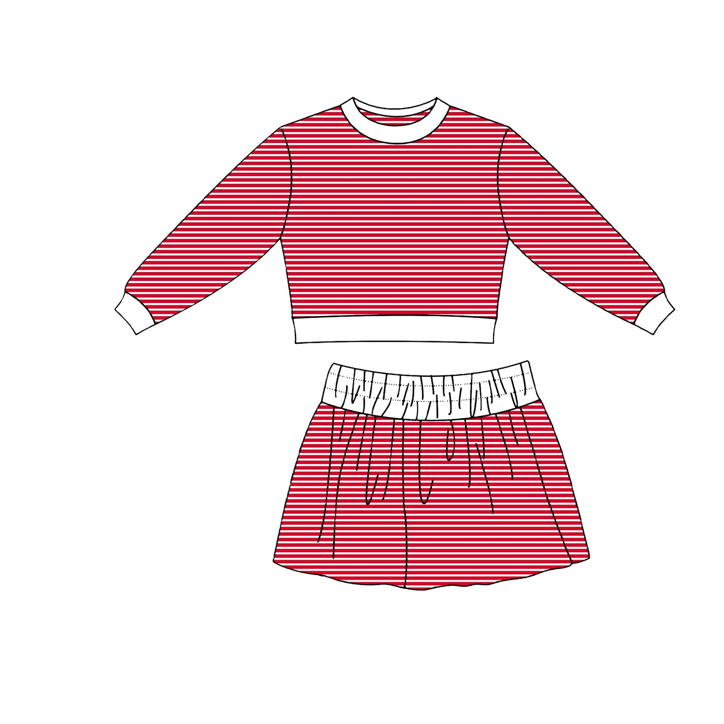 ( Moq 5 ) Preorder Baby Girls Kids Long Sleeves Red Stripes Shirt Skirt Shorts Set Yoga Active Clothes