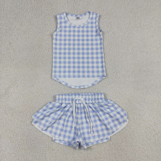 Baby Girls Kids Sleeveless Blue Plaid Tops Shorts Set Yoga Clothes RTS