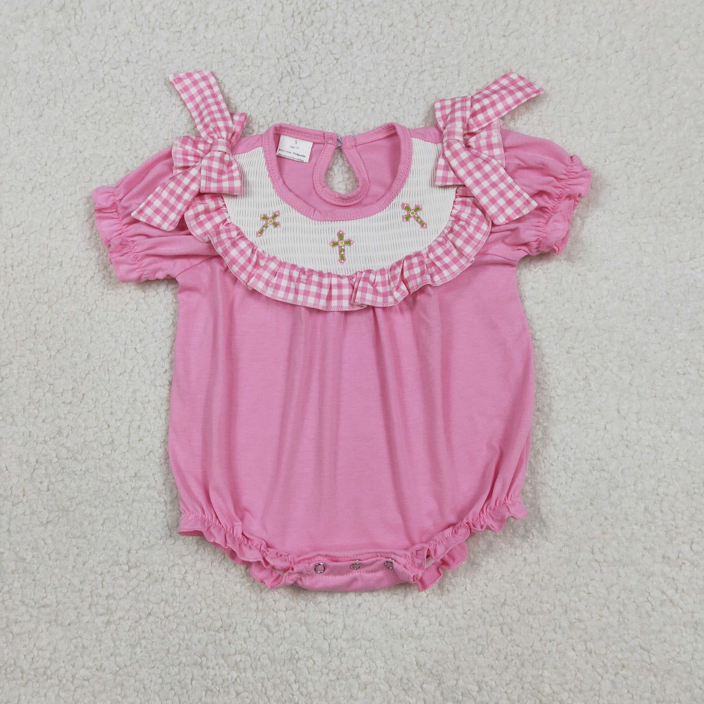 Sibling Baby Girls Short Sleeves Embroidery Smocked Floral Crosses Easter Pink Romper Dress RTS