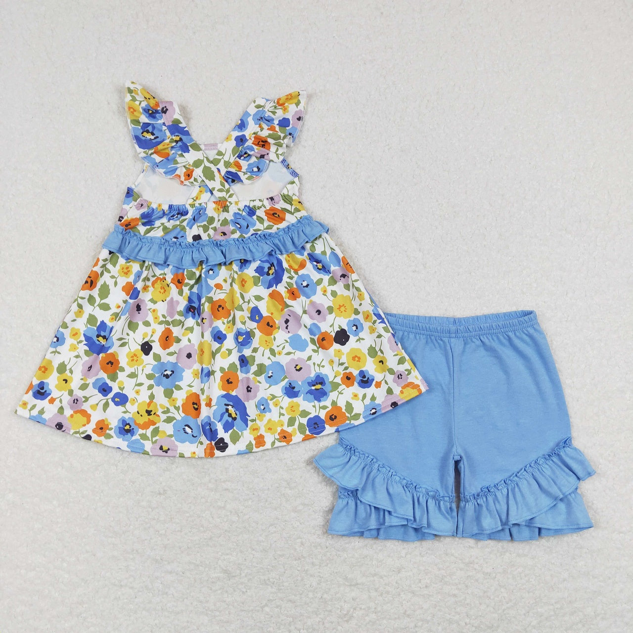 SR0824 Baby Girl Floral Blue Ruffle One Piece Romper