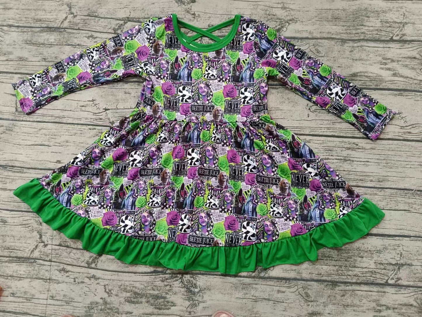 Baby Girl Long Sleeves Halloween Green Ruffle Twirl Dress