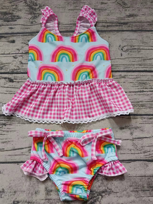 Moq 5 Baby Girl Bathing Suit Pink Plaid Tops Rainbow Shorts Set Swimsuit