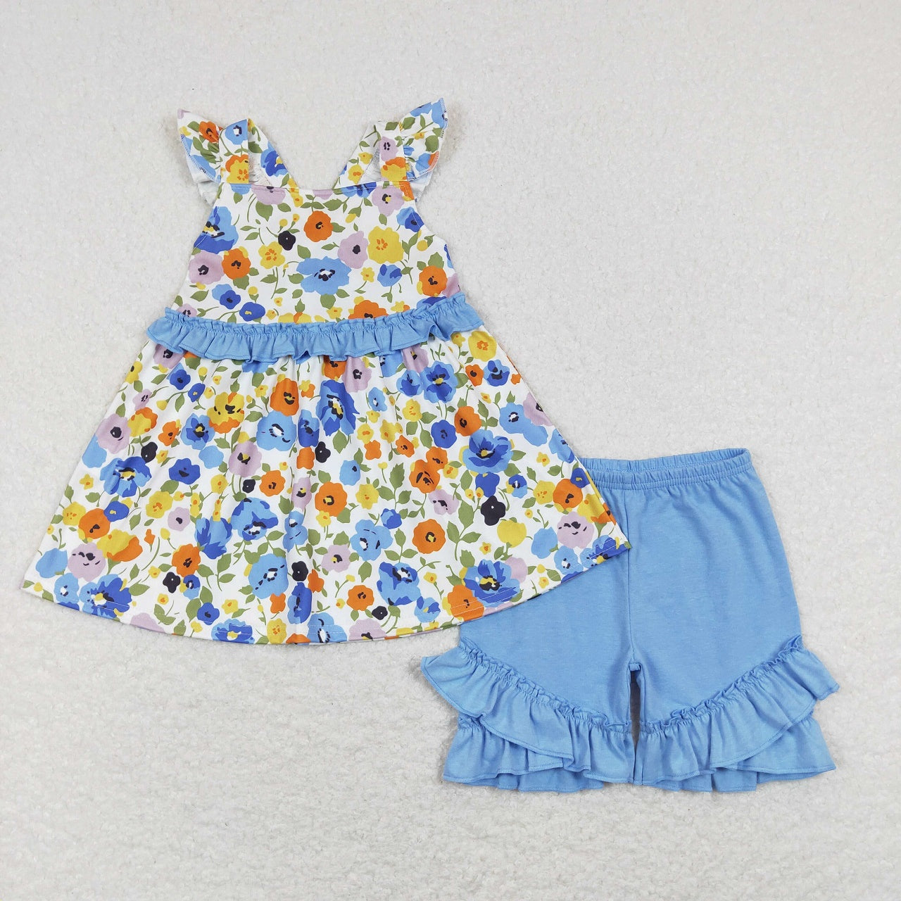 SR0824 Baby Girl Floral Blue Ruffle One Piece Romper