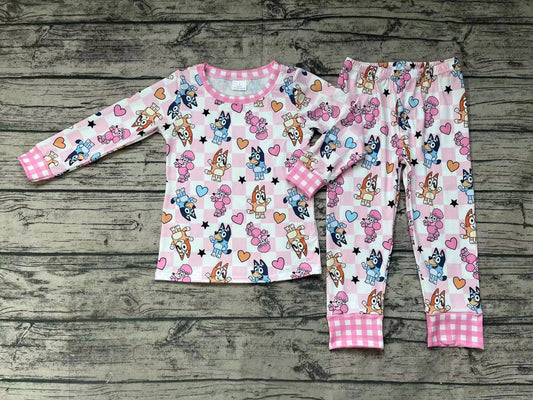 No moq Pre-order GLP1099 Baby Girl Dogs Checkered Shirt Pants Valentine's Day Pink Set Pajamas