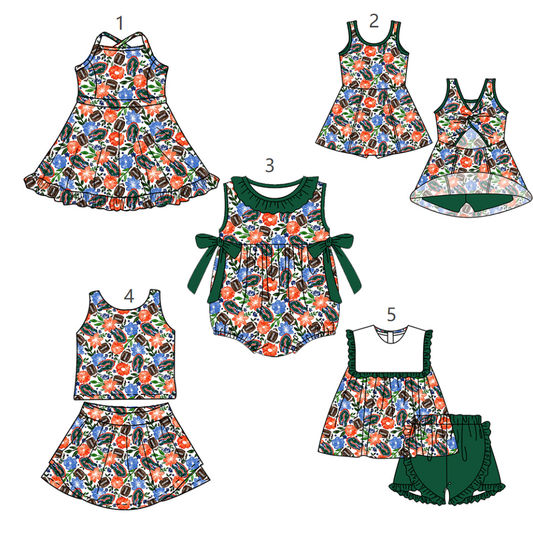 ( Moq 5 Each Style ) Baby Girls Kids Sleeveless Football Flower Green Bows Sibling Romper Dresses Sets