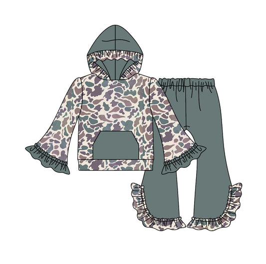 Moq 5 Baby Girl Camo Pocket Hooded Top Ruffle Pants Clothes Set