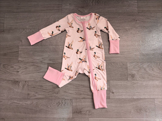 ( No moq ) Preorder Baby Kids Infant Long Sleeves Ducks Pink Stripes Zipper Footie Sleeper Romper Clothes