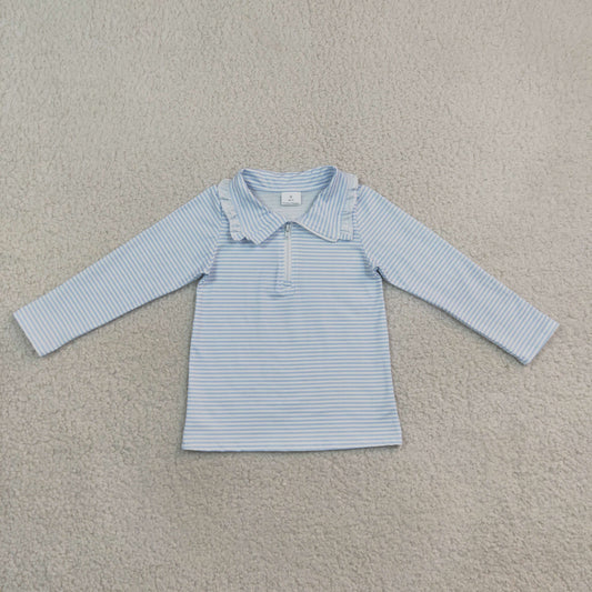 Sibling Baby Boys Girls Kids Long Sleeves Blue Stripes Zipper Pullovers Shirts Tops RTS