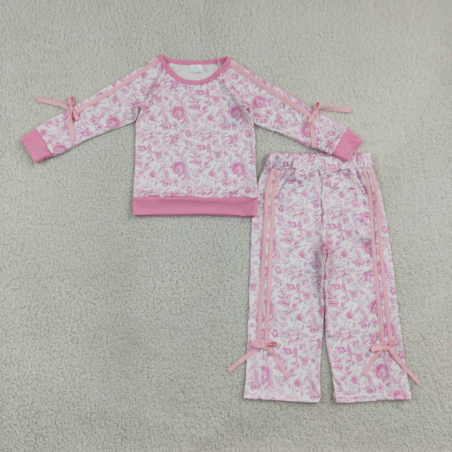 Baby Girls Kids Long Sleeves Flower Pink Bows Shirt Pockets Pants Set Clothes RTS