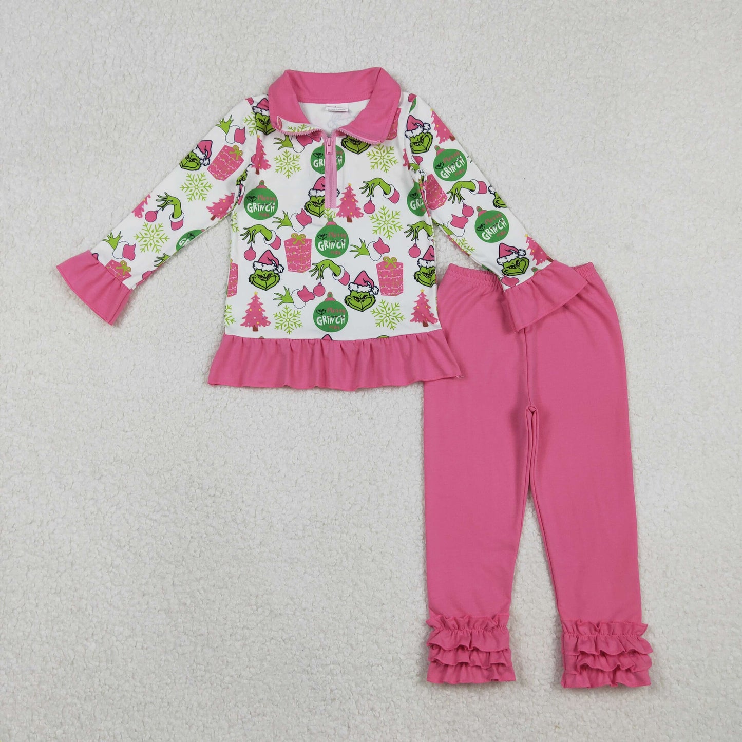 Baby Girl Long Sleeves Green Face Tree Zipper Shirt Pink Ruffle Pants Christmas Set RTS