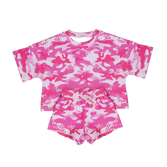 ( Moq 5 ) Preorder Baby Girl Kids Short Sleeves Pink Camo Shirt Shorts Set Summer Clothes