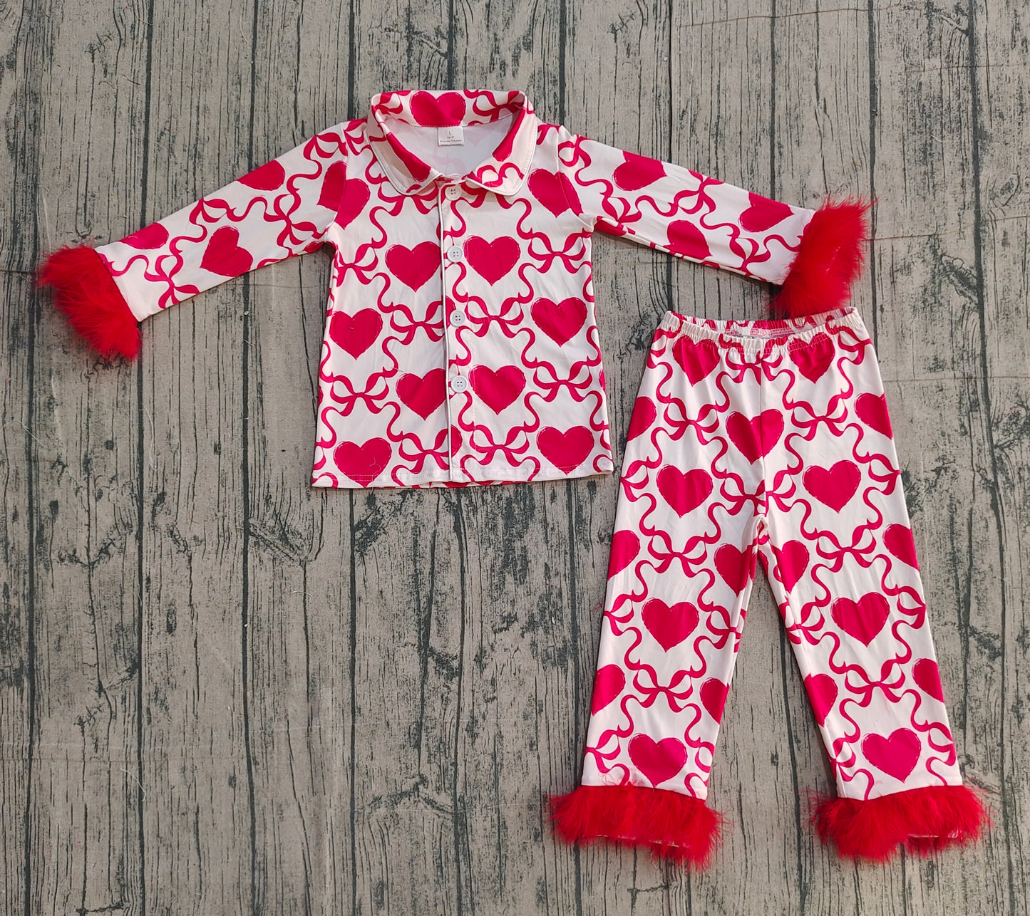 Baby Girls Red Fur Long Sleeves Hearts Bows Buttons Shirt Pants Valentine Set Pajamas RTS