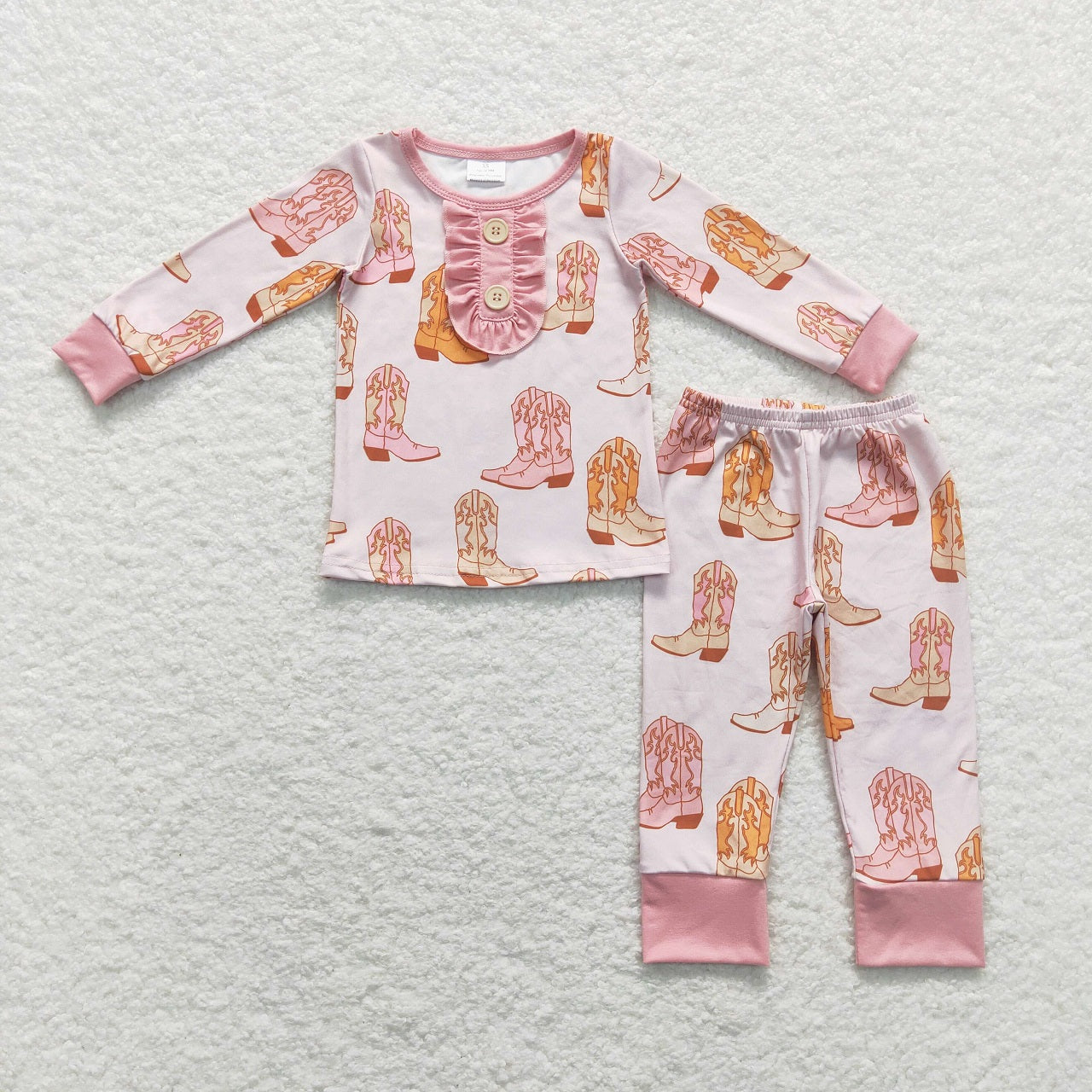 GLP1094 Baby Girl Long Sleeves Boots Shirt Pants Pink Set Western Pajamas