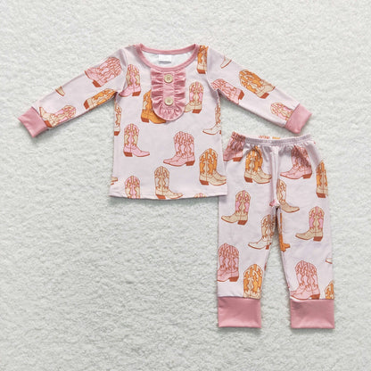 GLP1094 Baby Girl Long Sleeves Boots Shirt Pants Pink Set Western Pajamas