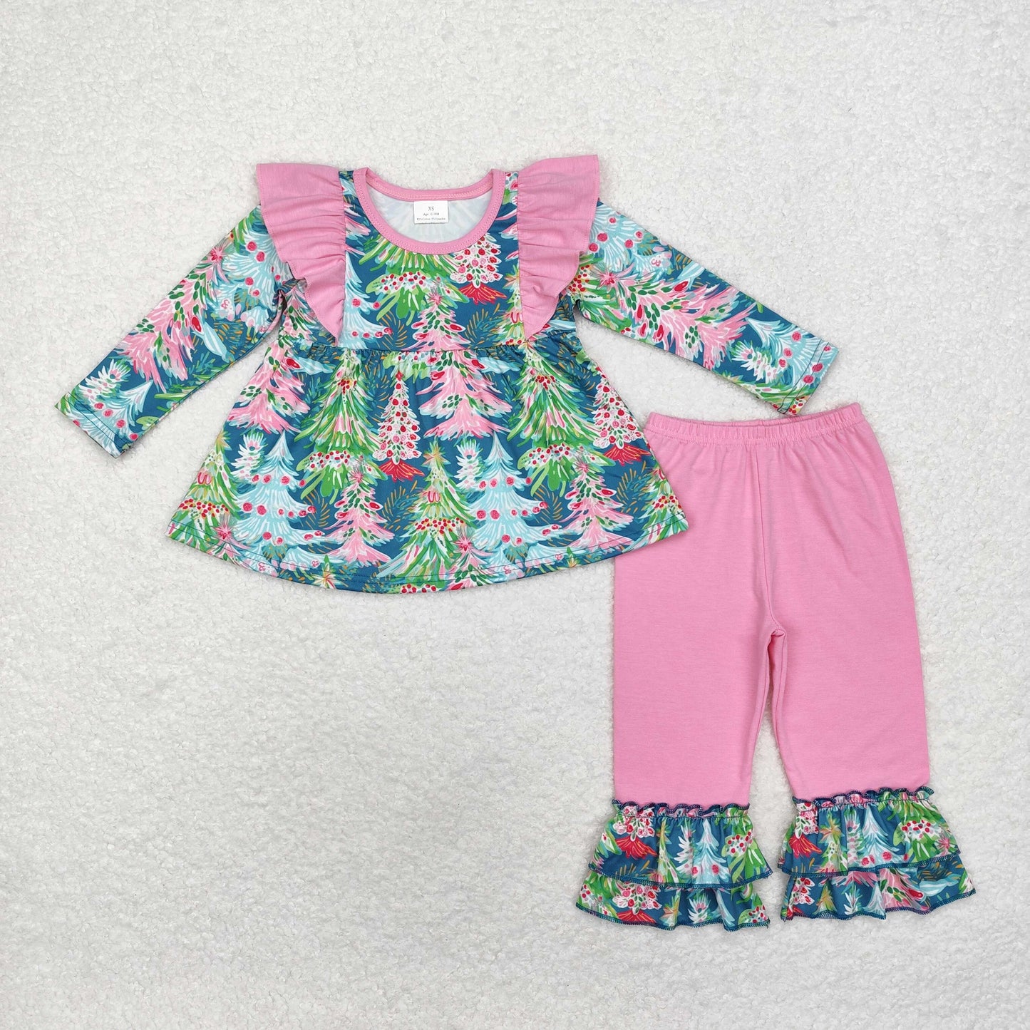 Baby Girl Christmas Tree Tunic Pink Ruffle Pants Set