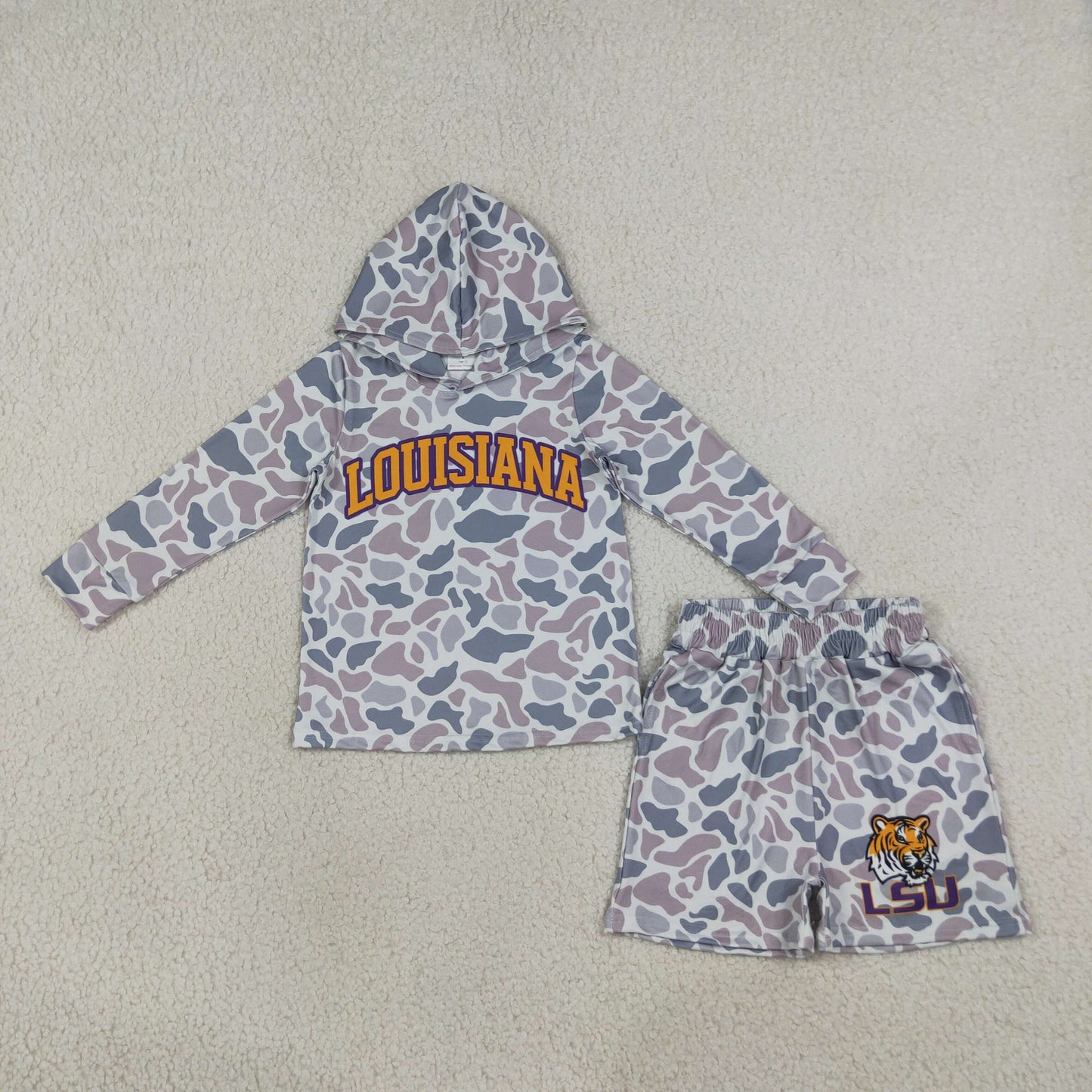 Baby Boy Kids Long Sleeves Grey Camo Hoodie Shirt Tiger Shorts Team Set RTS