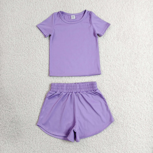 Baby Girls Kids Short Sleeves Shirt Skirt Shorts Yoga Active Set Purple Clothes RTS