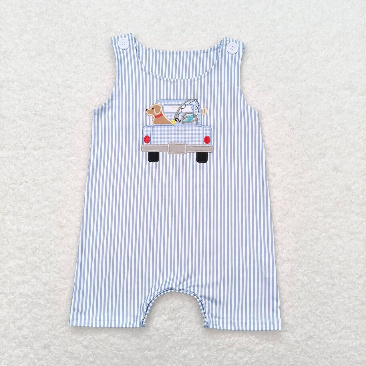 Baby Boy Sleeveless Embroidery Dog Fishing Blue Stripes One Piece Romper