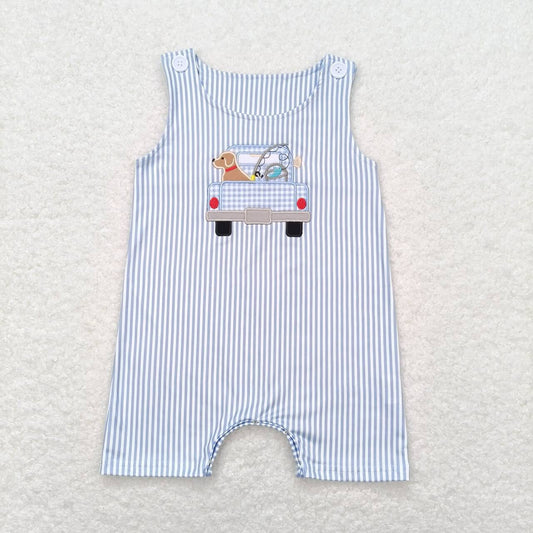 Baby Boy Sleeveless Embroidery Dog Fishing Blue Stripes One Piece Romper