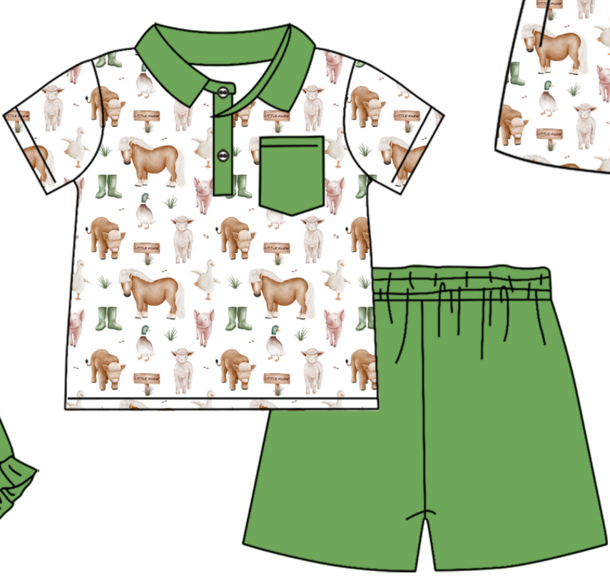 Baby Boy Girl Animals Sibling Matching Green Dress Romper Clothes Set ( Moq 5 Each style )