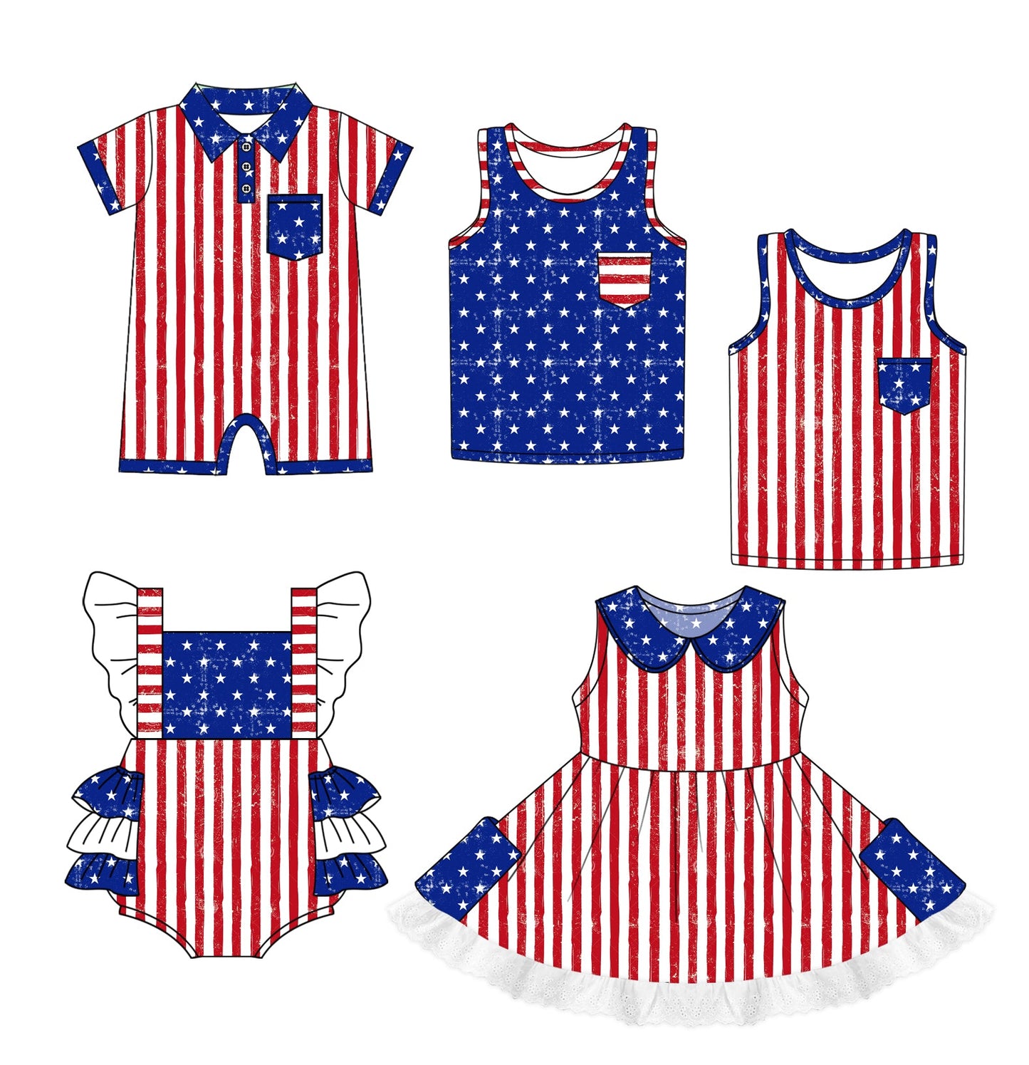 Baby Boy Girl July 4th Stars Stripes Sibling Romper Dress Tops ( Moq 5 Each Style ) 1.2