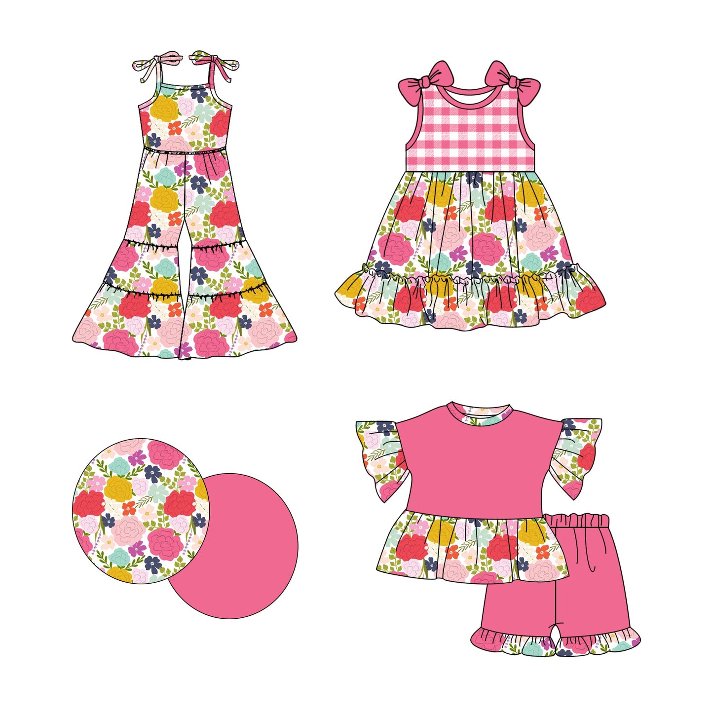 Baby Girl Flower Checked Pink Sibling Romper Dress Set ( Moq 5 Each Style ) 2.19