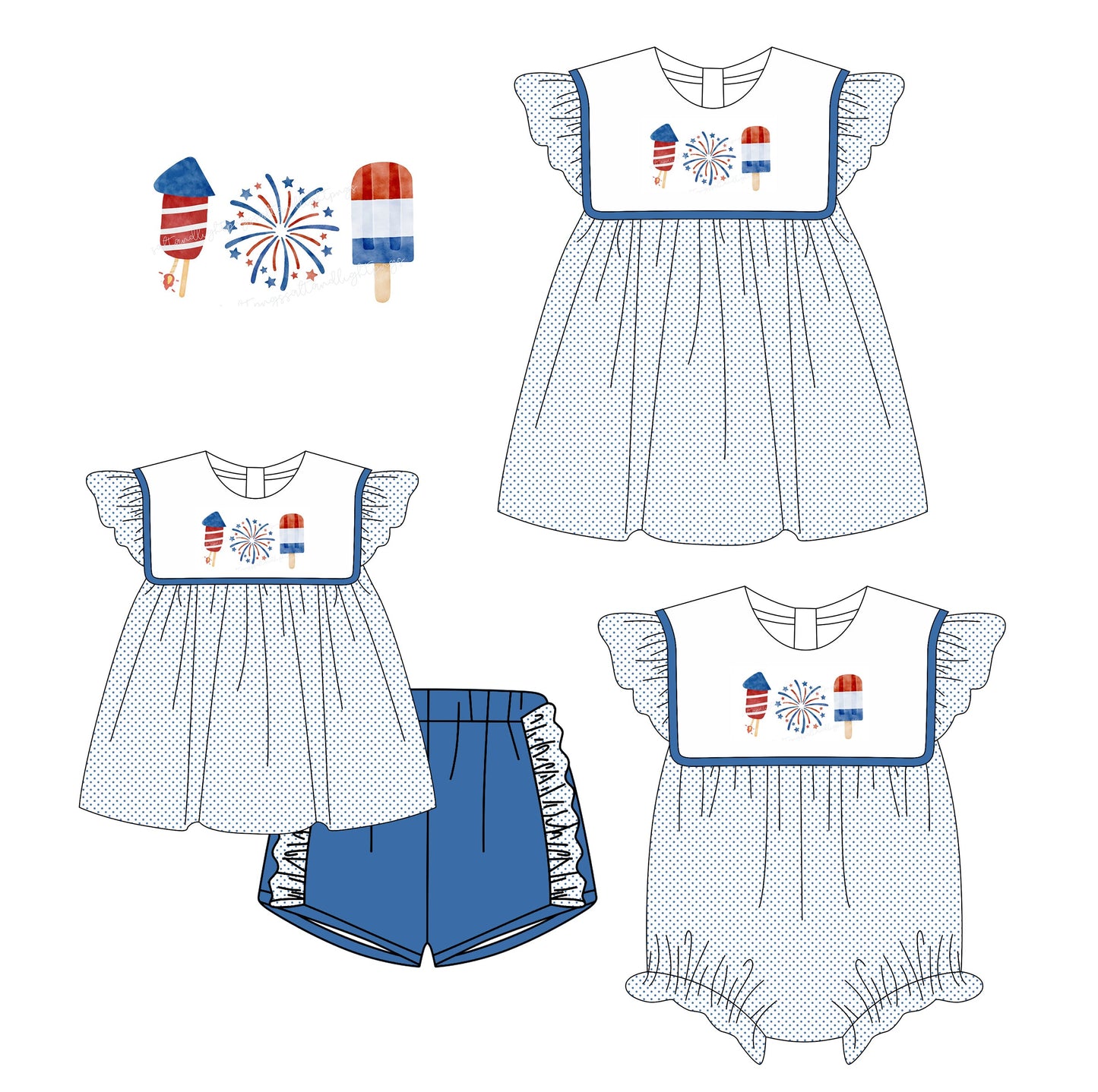 Baby Girl Short Sleeves July 4th Sibling Romper Dress Set ( Moq 5 Each Style ) 3.6
