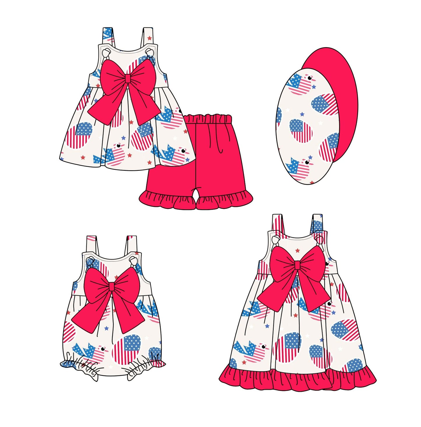 Baby Girl Straps July 4th Bows Sibling Romper Dress Set ( Moq 5 Each Style ) 2.14