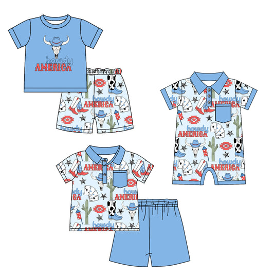 Baby Boy Short Sleeves Western Cow Blue Sibling Romper Set ( Moq 5 Each Style ) 4.1