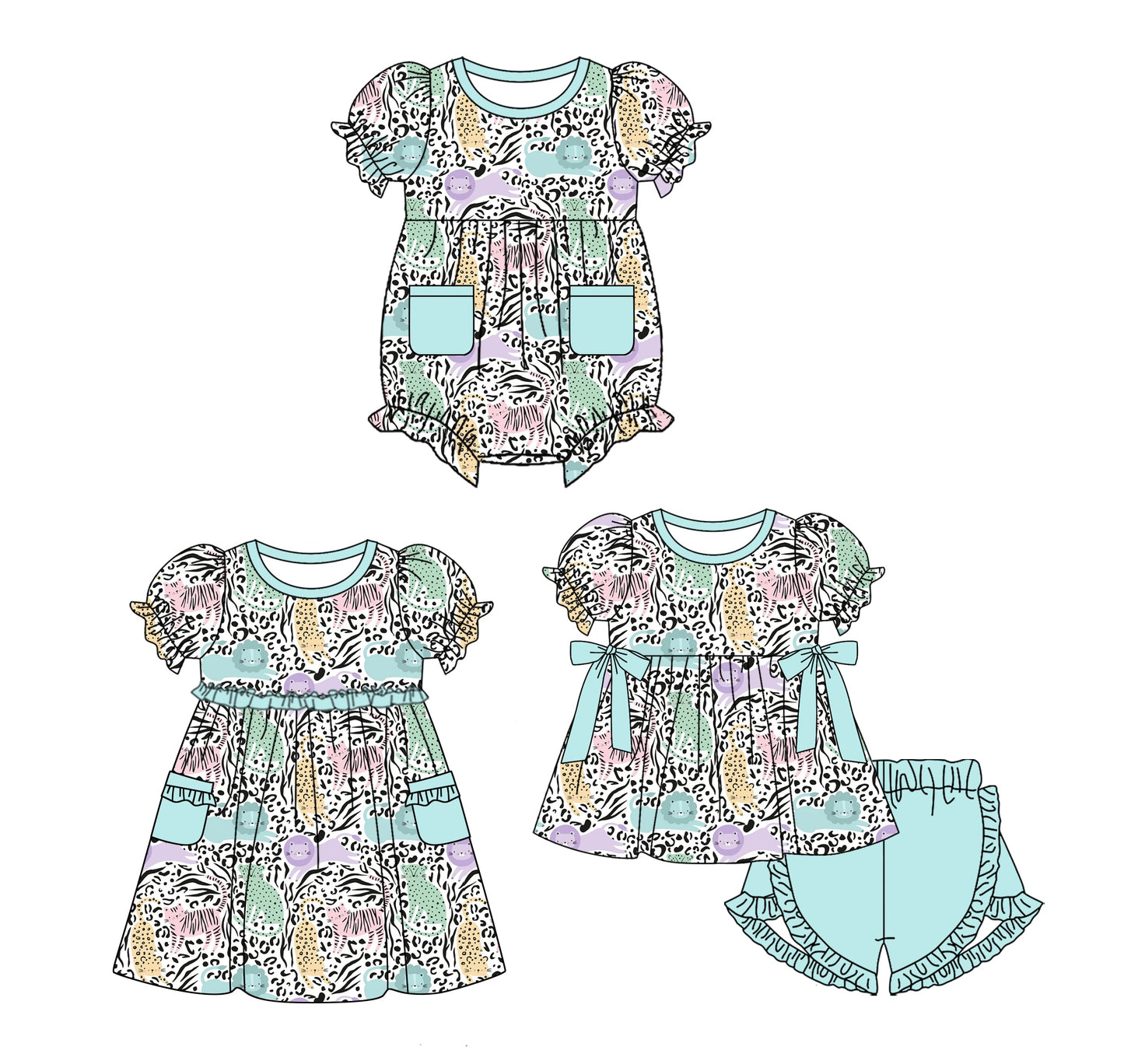 ( Moq 5 Each Style ) Baby Girl Short Sleeves Animals Sibling Pockets Romper Dress Set 3.24