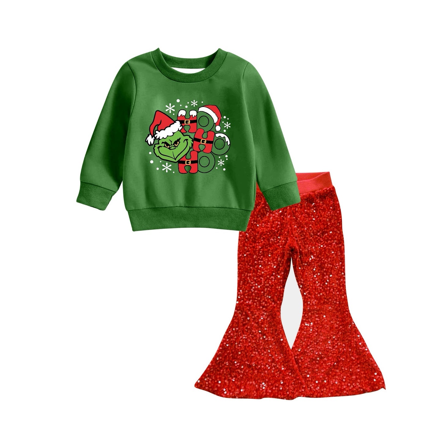 Baby Girl Green Long Sleeves Christmas Face Shirt Red Sequins Pants Set