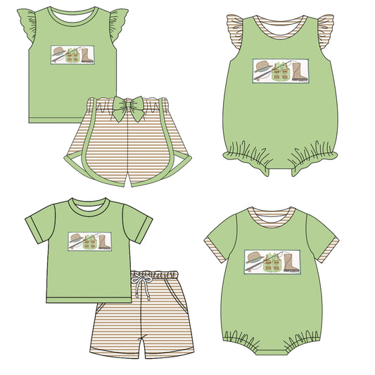 Baby Boy Girl Short Sleeves Fishing Green Sibling Romper Clothes Set ( Moq 5 Each style ) 11.28