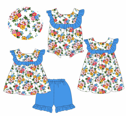 Baby Girl Flower Blue Ruffle Sibling Romper Dress Set ( Moq 5 Each Style ) 1.11