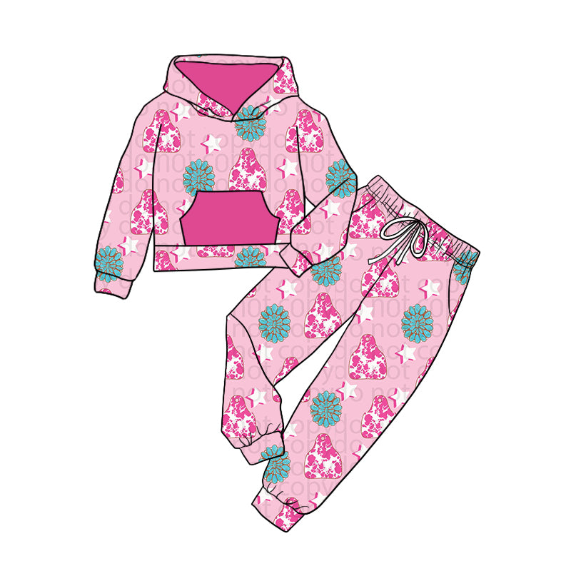 Baby Girl Toddler Hoodie Pocket Shirt Pants Western Pink Set