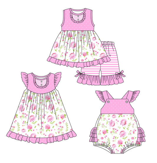 Baby Girl Flower Pink Dots Sibling Romper Dress Set ( Moq 5 Each Style ) 2.18
