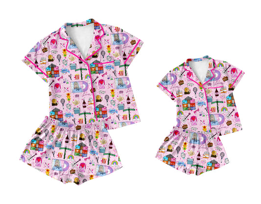 Baby Girl Toddler Adult Women Short Sleeves Pink Shorts Sibling Family Shorts Pajamas Set ( Moq 5 Each Style ) 12.6