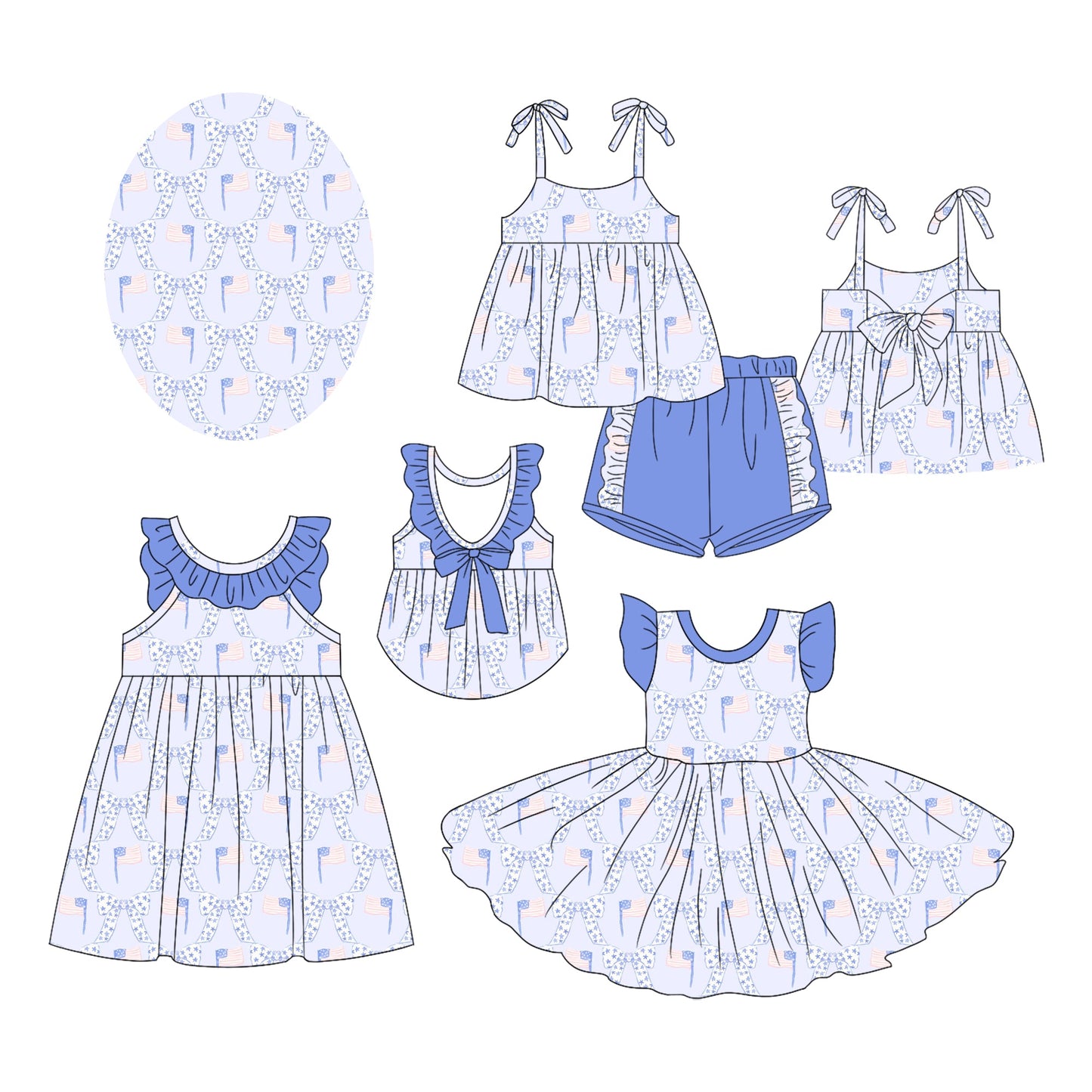 Baby Girl July 4th Flags Bows Sibling Dress Set ( Moq 5 Each Style ) 2.17