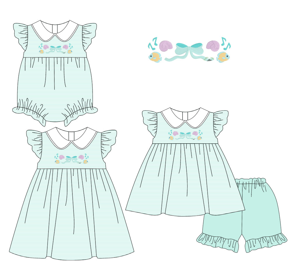 Baby Girl Fish Bows Stripes Green Sibling Romper Dress Set ( Moq 5 Each Style ) 1.16