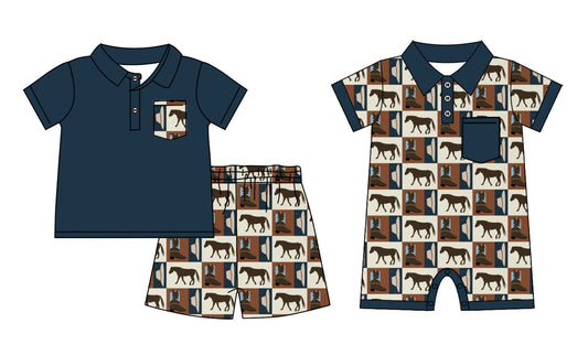 Baby Boy Short Sleeves Western Horse Boots Sibling Romper Set ( Moq 5 Each Style ) 12.20