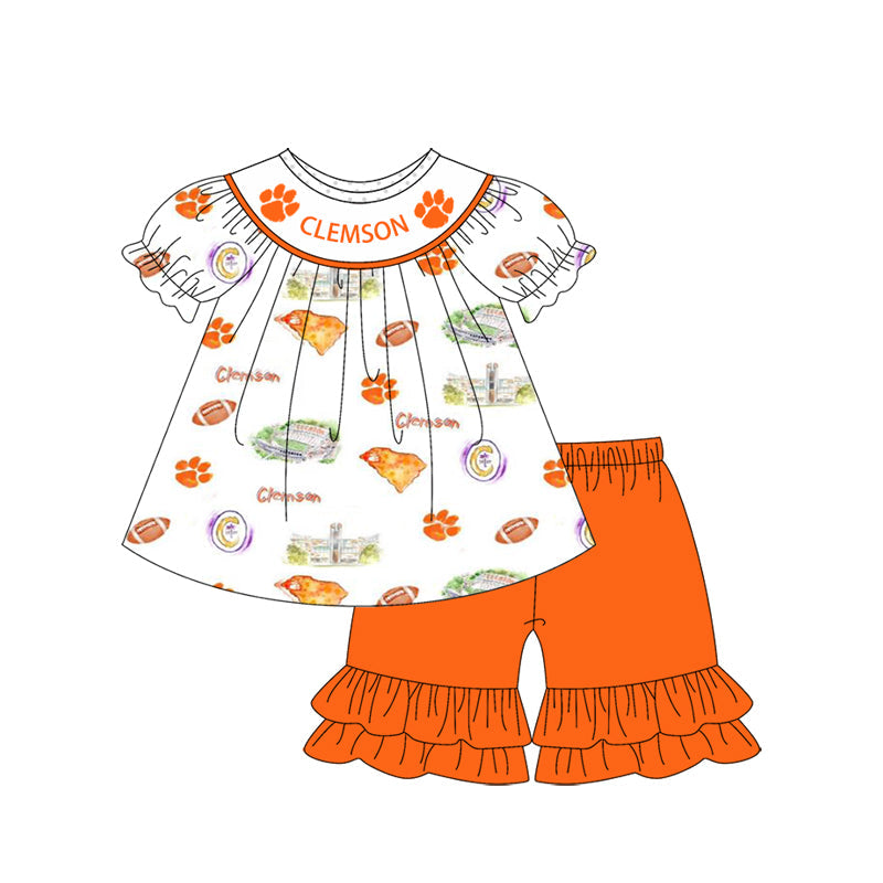 Baby Girl Short Sleeves Team Tunic Ruffle Yellow Shorts Set (Moq 5 )